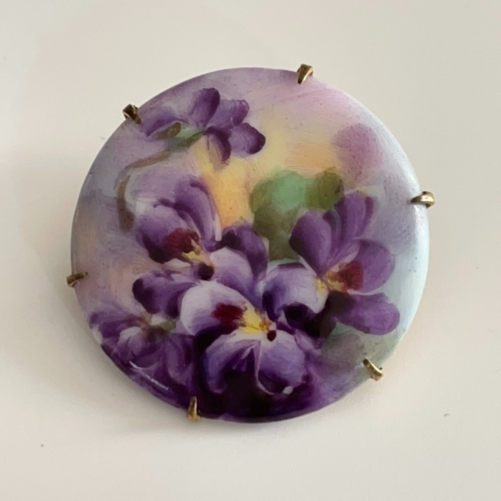 Vintage Hand Painted Porcelain Brooch Violets Edwardian
